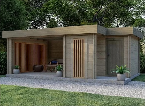 pool house contemporain en bois avec abri terrasse
